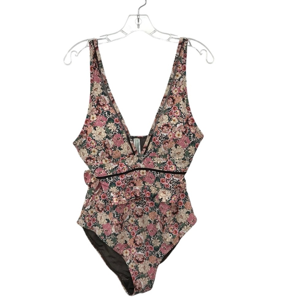 Sea Level Floral Print V Neck One Piece Swimsuit Size US 10 Ruffle Espresso